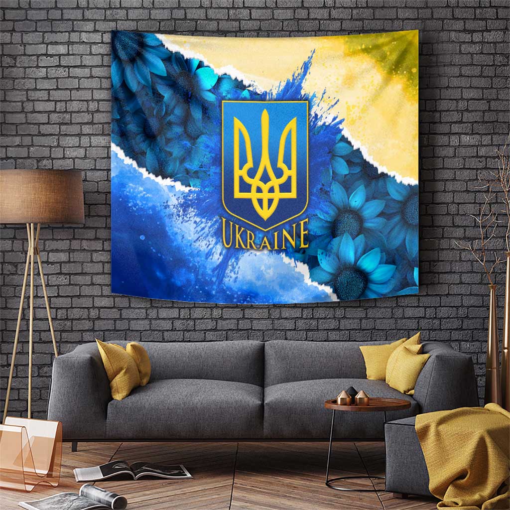 Trident Emblem Ukraine Tapestry with Blue Sunflowers and Flag Colors Design