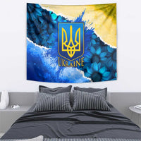 Trident Emblem Ukraine Tapestry with Blue Sunflowers and Flag Colors Design