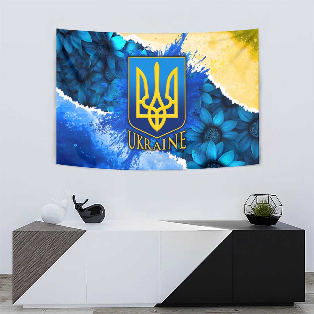 Trident Emblem Ukraine Tapestry with Blue Sunflowers and Flag Colors Design
