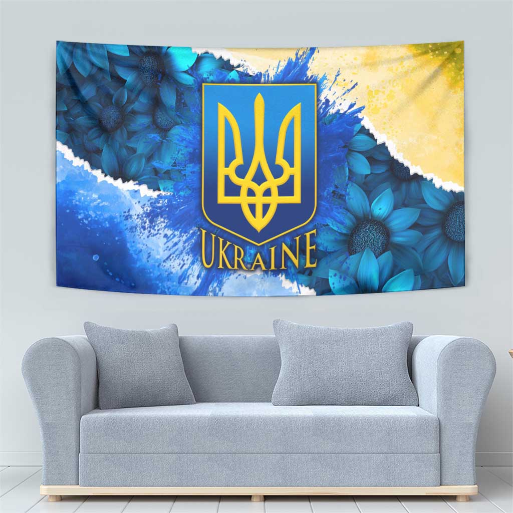 Trident Emblem Ukraine Tapestry with Blue Sunflowers and Flag Colors Design