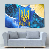 Trident Emblem Ukraine Tapestry with Blue Sunflowers and Flag Colors Design