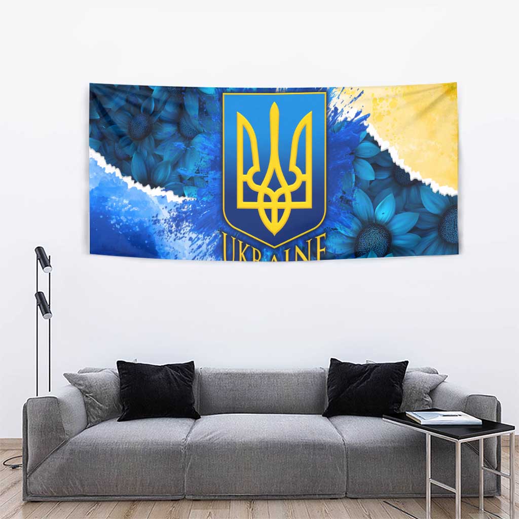 Trident Emblem Ukraine Tapestry with Blue Sunflowers and Flag Colors Design