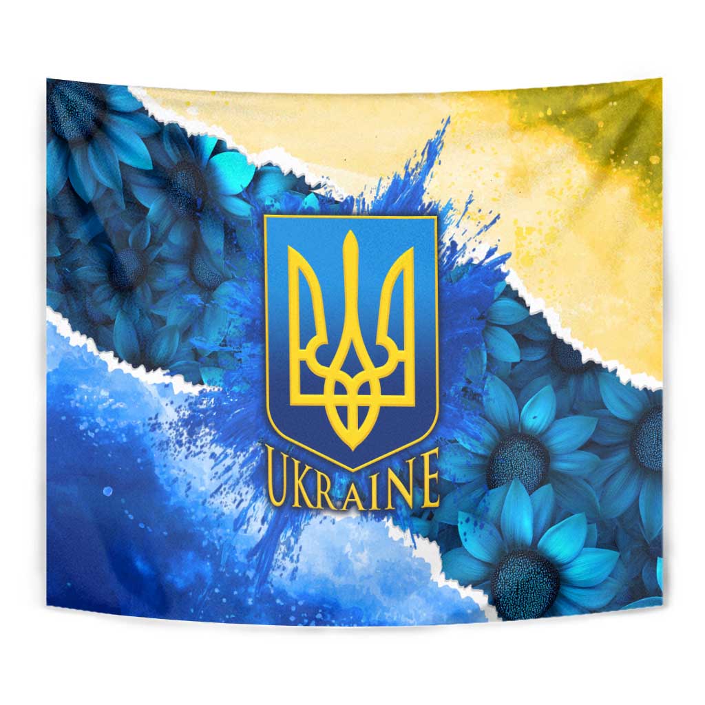 Trident Emblem Ukraine Tapestry with Blue Sunflowers and Flag Colors Design