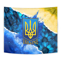 Trident Emblem Ukraine Tapestry with Blue Sunflowers and Flag Colors Design