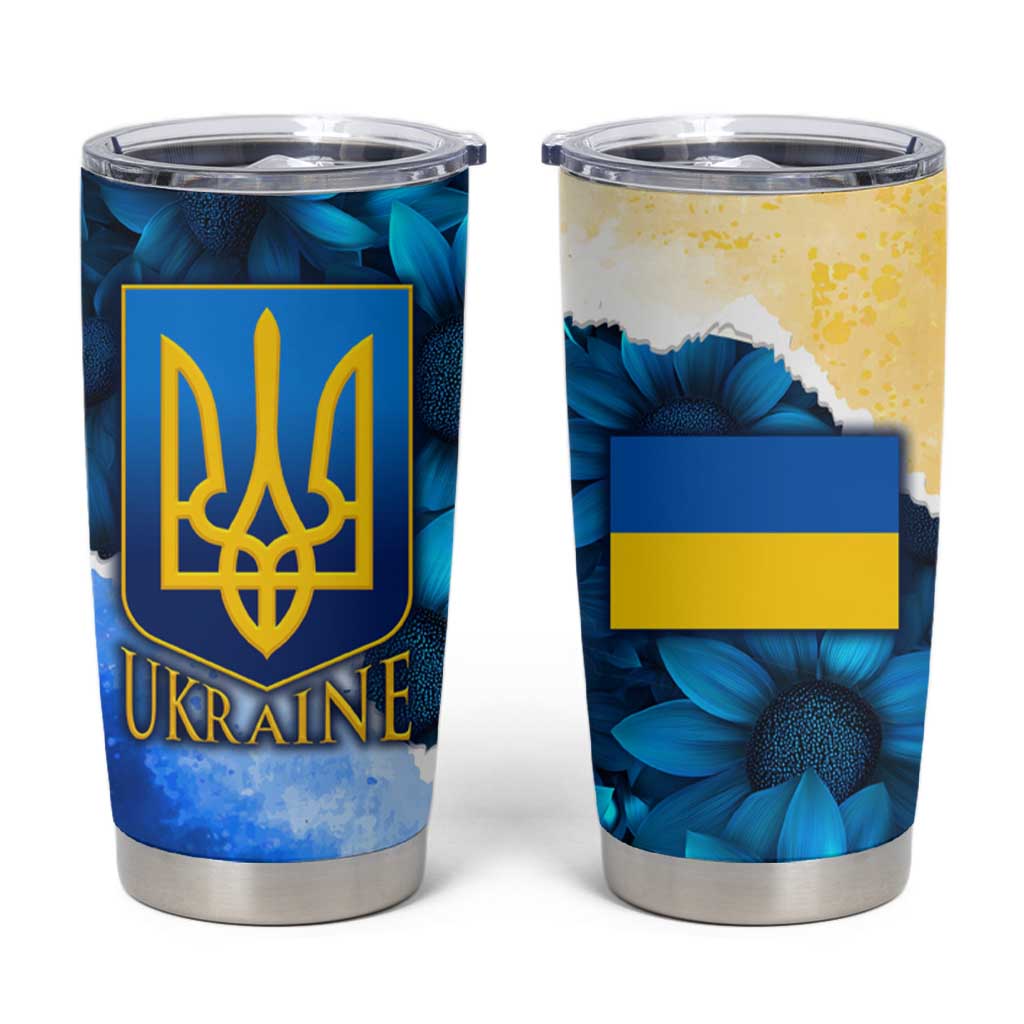 Trident Emblem Ukraine Tumbler Cup with Blue Sunflowers and Flag Colors Design