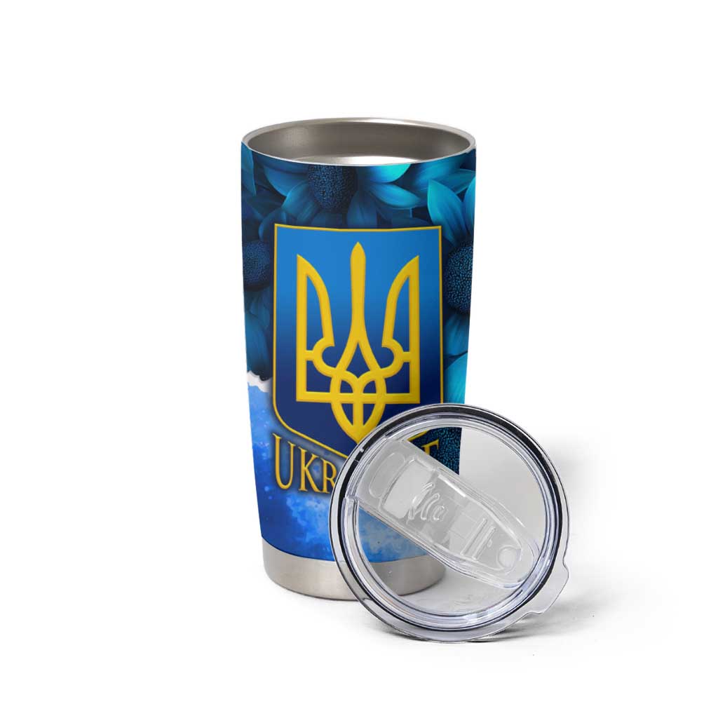 Trident Emblem Ukraine Tumbler Cup with Blue Sunflowers and Flag Colors Design