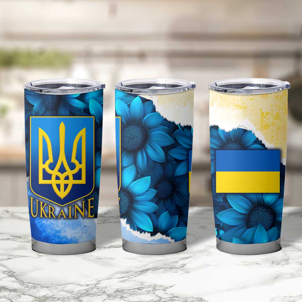 Trident Emblem Ukraine Tumbler Cup with Blue Sunflowers and Flag Colors Design