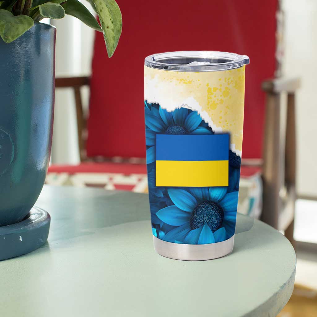 Trident Emblem Ukraine Tumbler Cup with Blue Sunflowers and Flag Colors Design