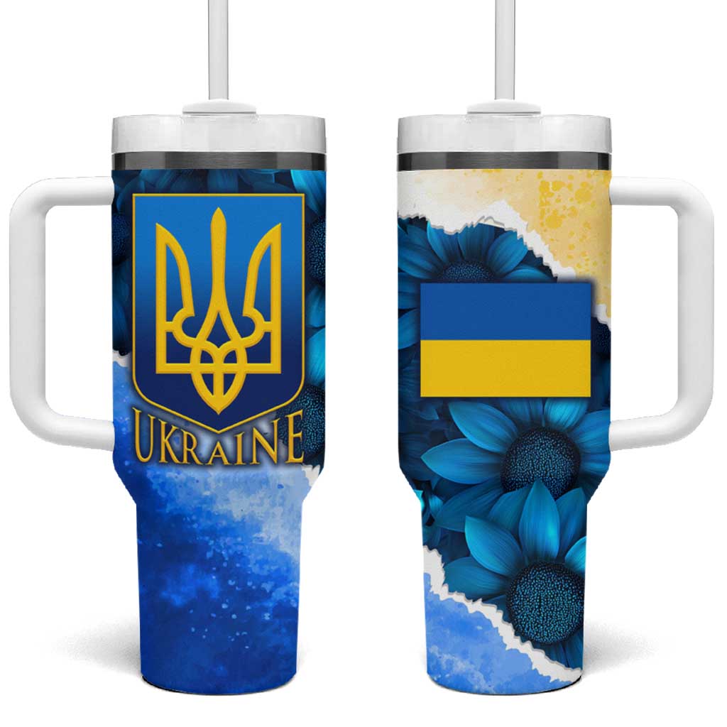 Trident Emblem Ukraine Tumbler With Handle with Blue Sunflowers and Flag Colors Design