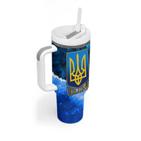 Trident Emblem Ukraine Tumbler With Handle with Blue Sunflowers and Flag Colors Design