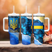 Trident Emblem Ukraine Tumbler With Handle with Blue Sunflowers and Flag Colors Design