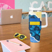 Trident Emblem Ukraine Tumbler With Handle with Blue Sunflowers and Flag Colors Design