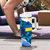 Trident Emblem Ukraine Tumbler With Handle with Blue Sunflowers and Flag Colors Design