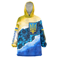 Trident Emblem Ukraine Wearable Blanket Hoodie with Blue Sunflowers and Flag Colors Design
