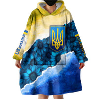 Trident Emblem Ukraine Wearable Blanket Hoodie with Blue Sunflowers and Flag Colors Design