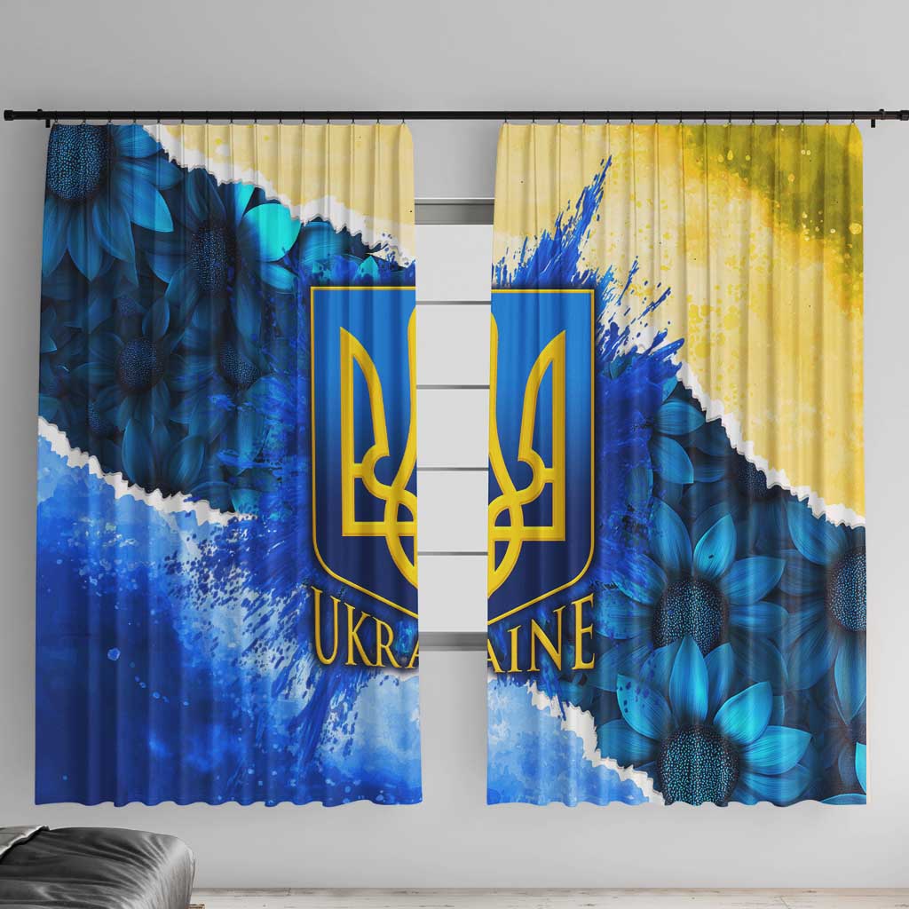 Trident Emblem Ukraine Window Curtain with Blue Sunflowers and Flag Colors Design