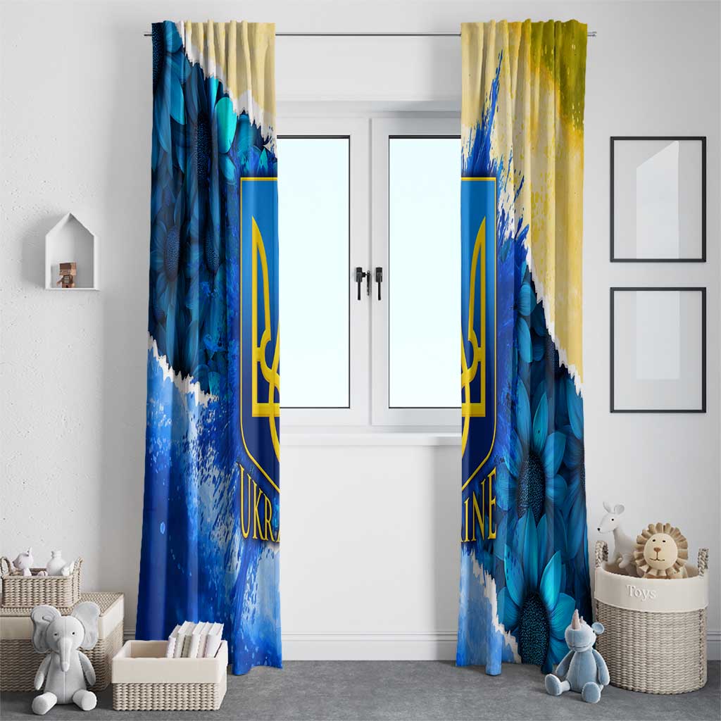 Trident Emblem Ukraine Window Curtain with Blue Sunflowers and Flag Colors Design