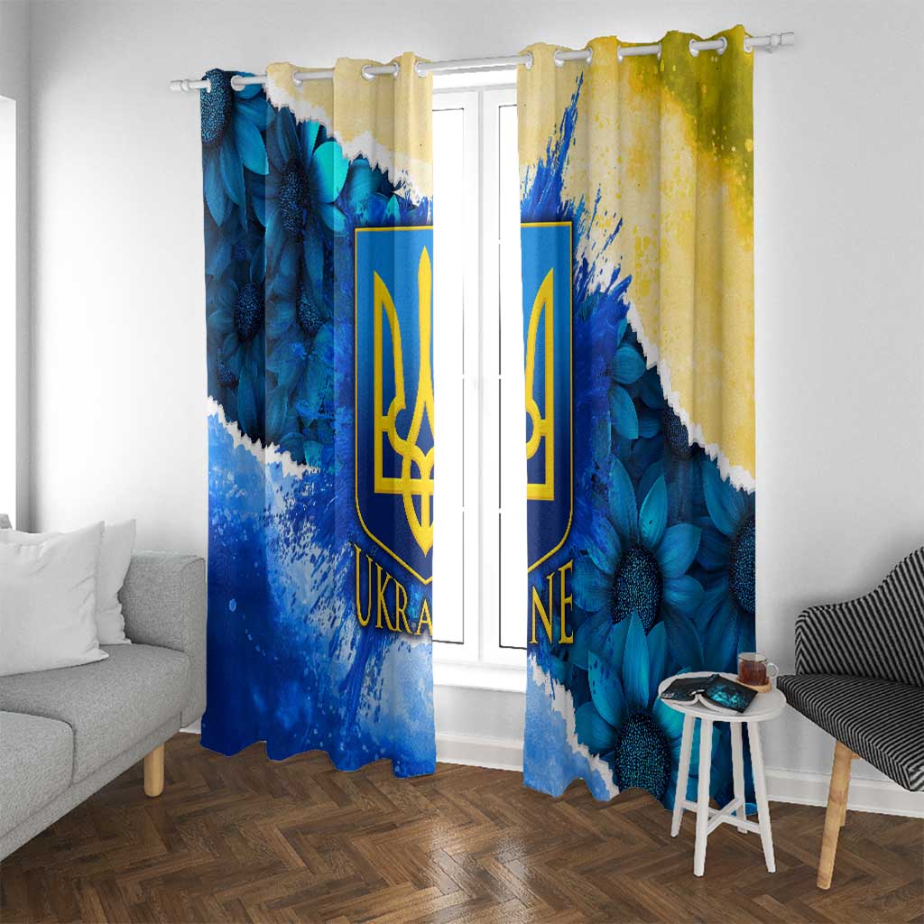 Trident Emblem Ukraine Window Curtain with Blue Sunflowers and Flag Colors Design