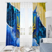 Trident Emblem Ukraine Window Curtain with Blue Sunflowers and Flag Colors Design