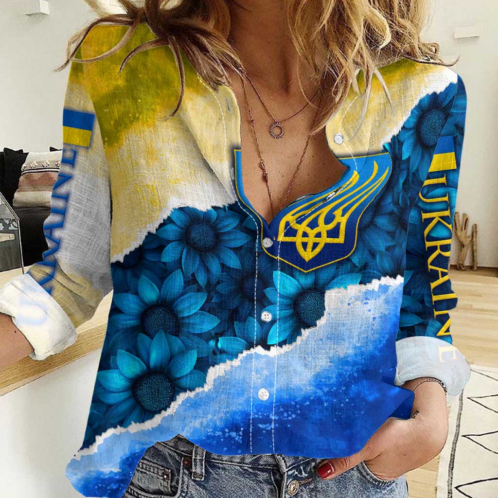 Trident Emblem Ukraine Women Casual Shirt with Blue Sunflowers and Flag Colors Design