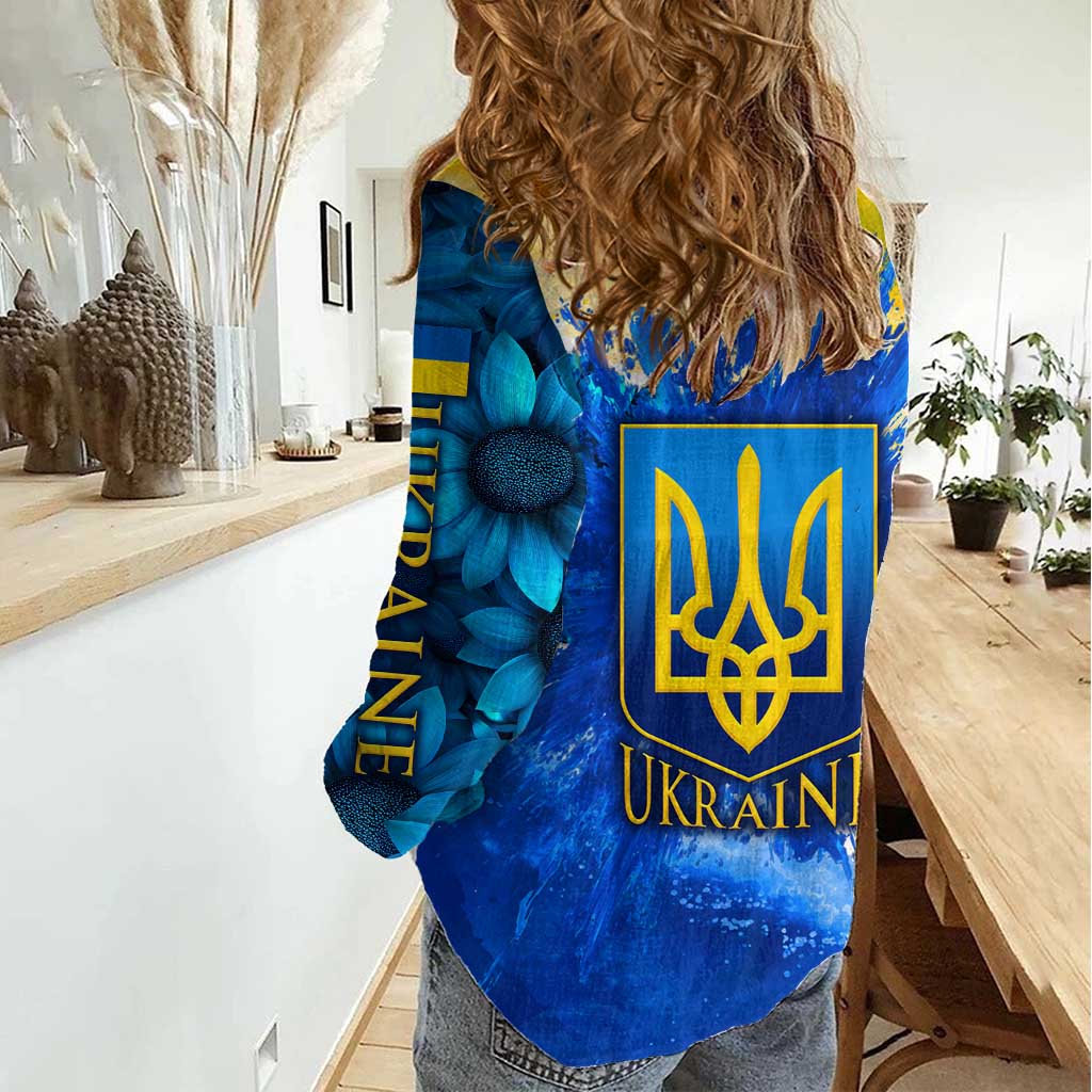Trident Emblem Ukraine Women Casual Shirt with Blue Sunflowers and Flag Colors Design