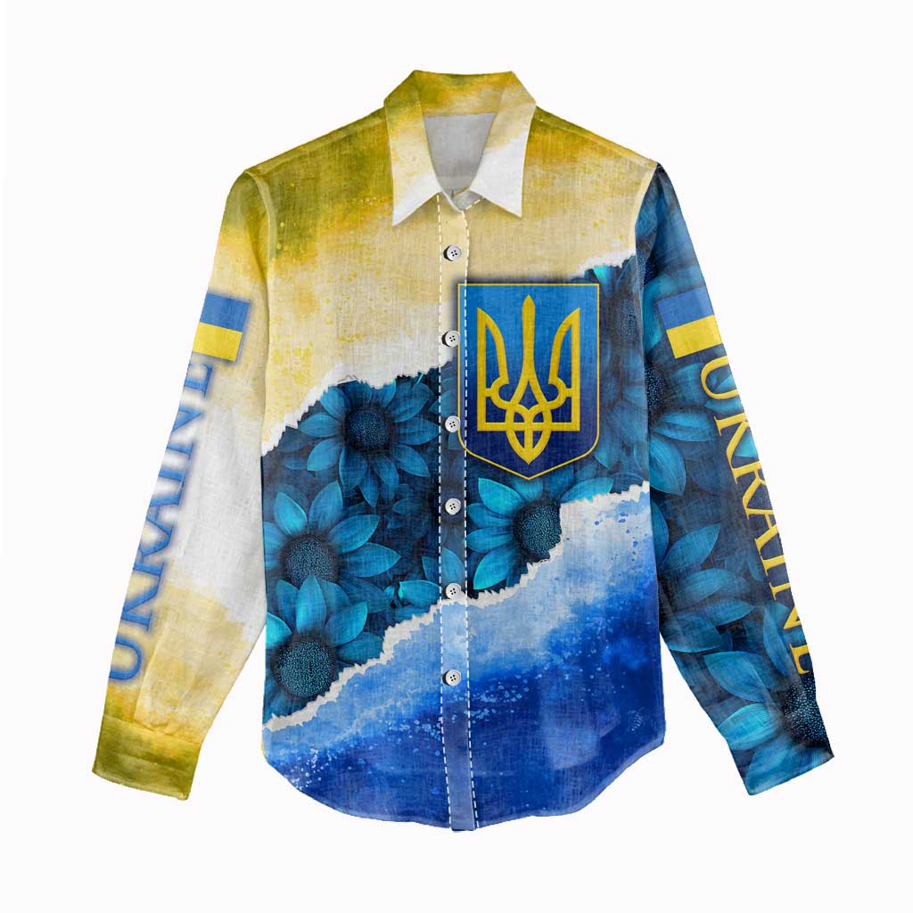 Trident Emblem Ukraine Women Casual Shirt with Blue Sunflowers and Flag Colors Design