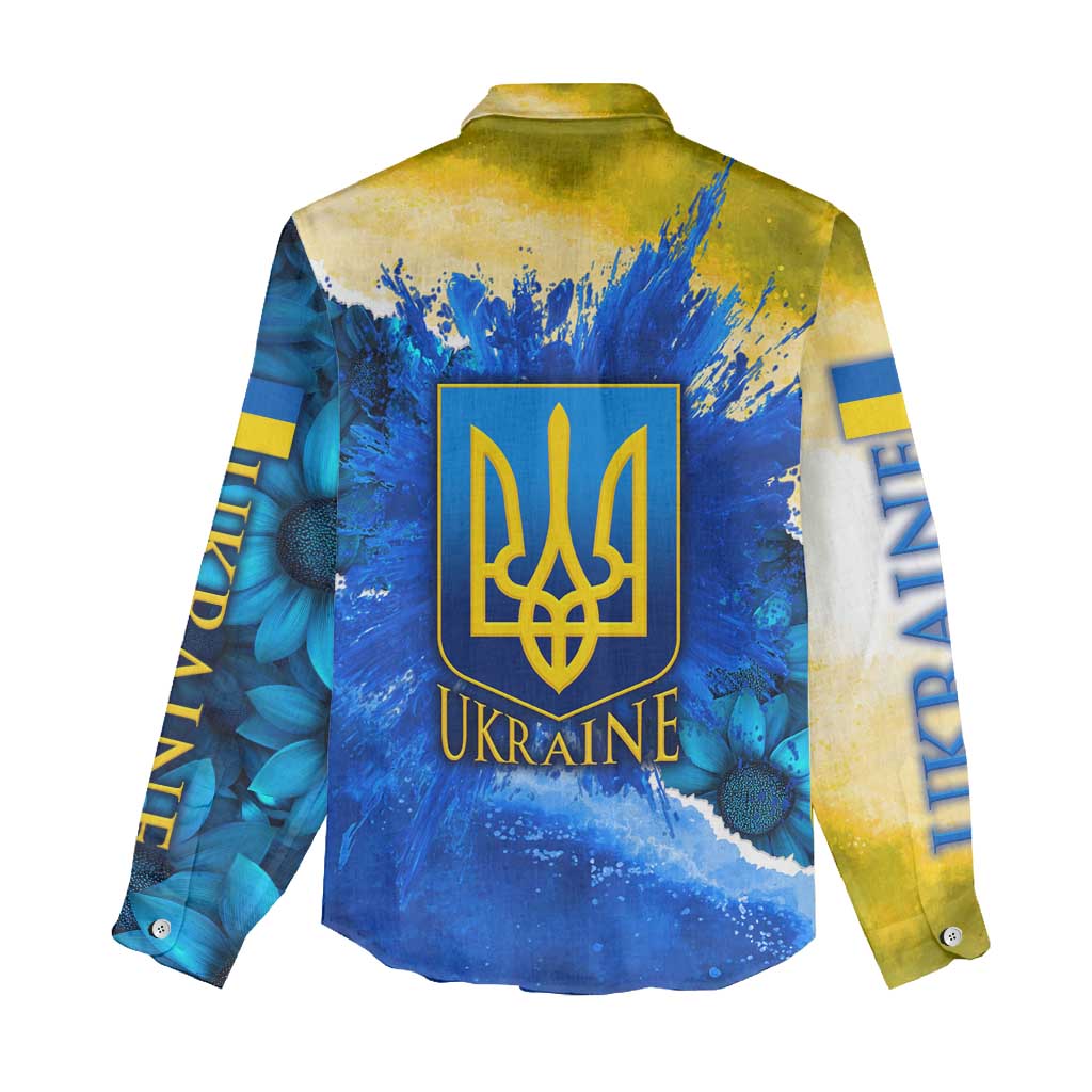 Trident Emblem Ukraine Women Casual Shirt with Blue Sunflowers and Flag Colors Design