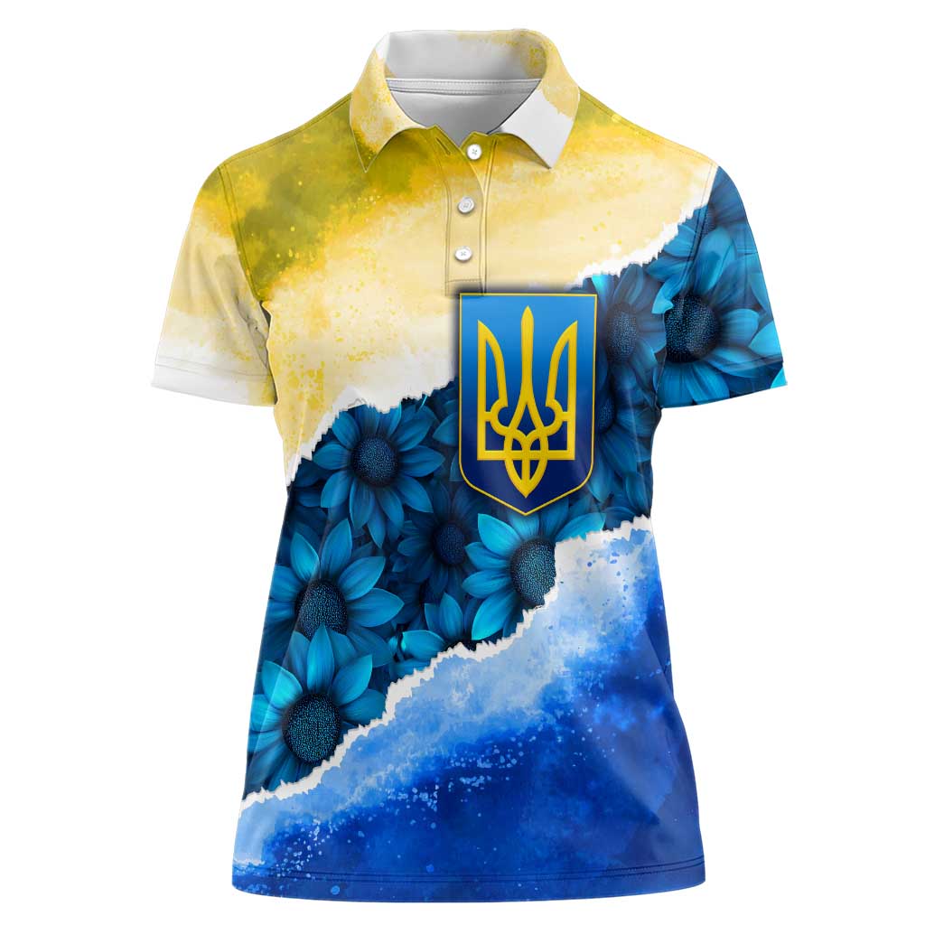 Trident Emblem Ukraine Women Polo Shirt with Blue Sunflowers and Flag Colors Design