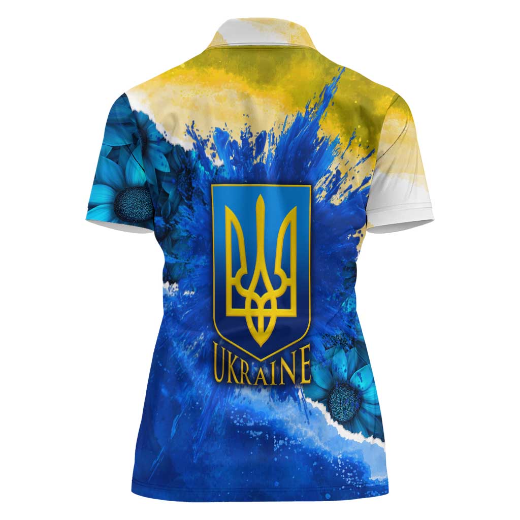 Trident Emblem Ukraine Women Polo Shirt with Blue Sunflowers and Flag Colors Design