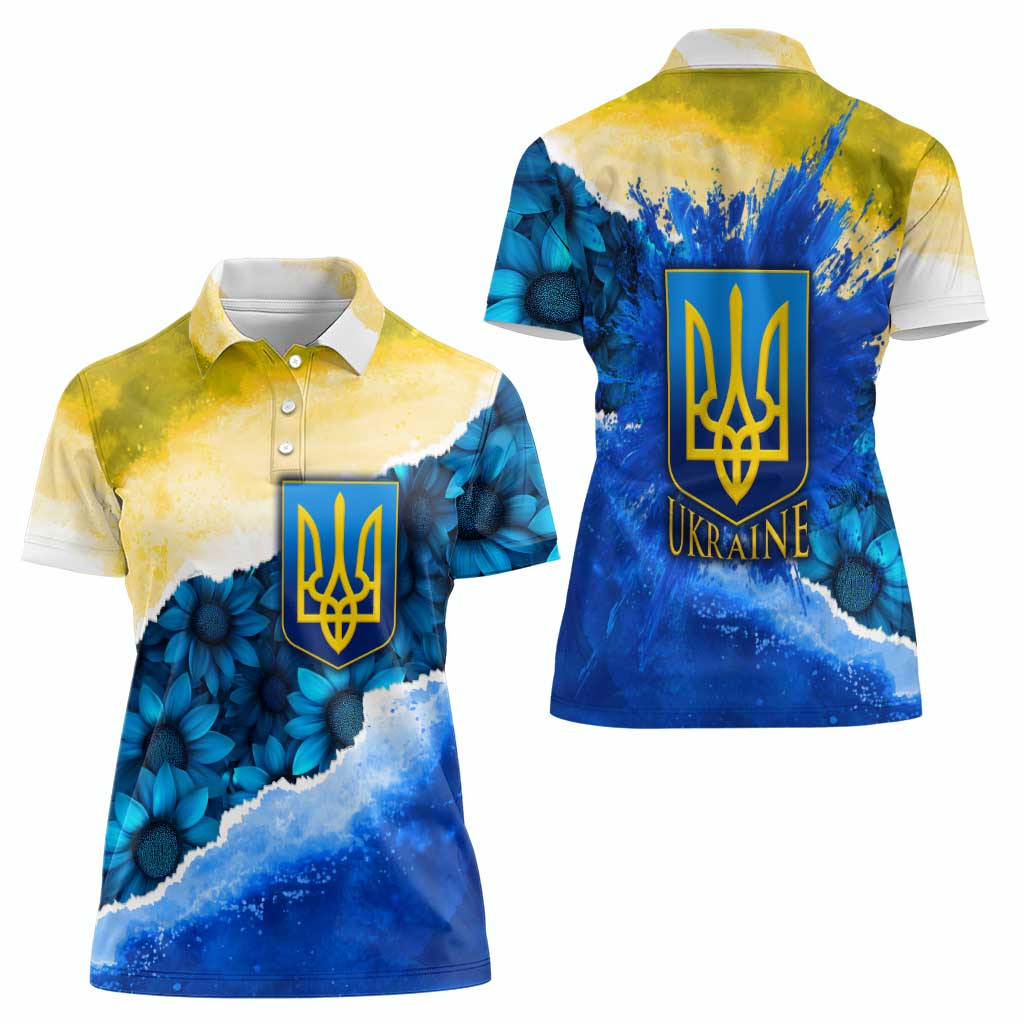 Trident Emblem Ukraine Women Polo Shirt with Blue Sunflowers and Flag Colors Design