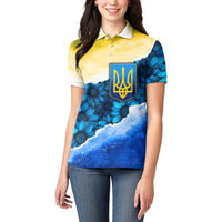 Trident Emblem Ukraine Women Polo Shirt with Blue Sunflowers and Flag Colors Design