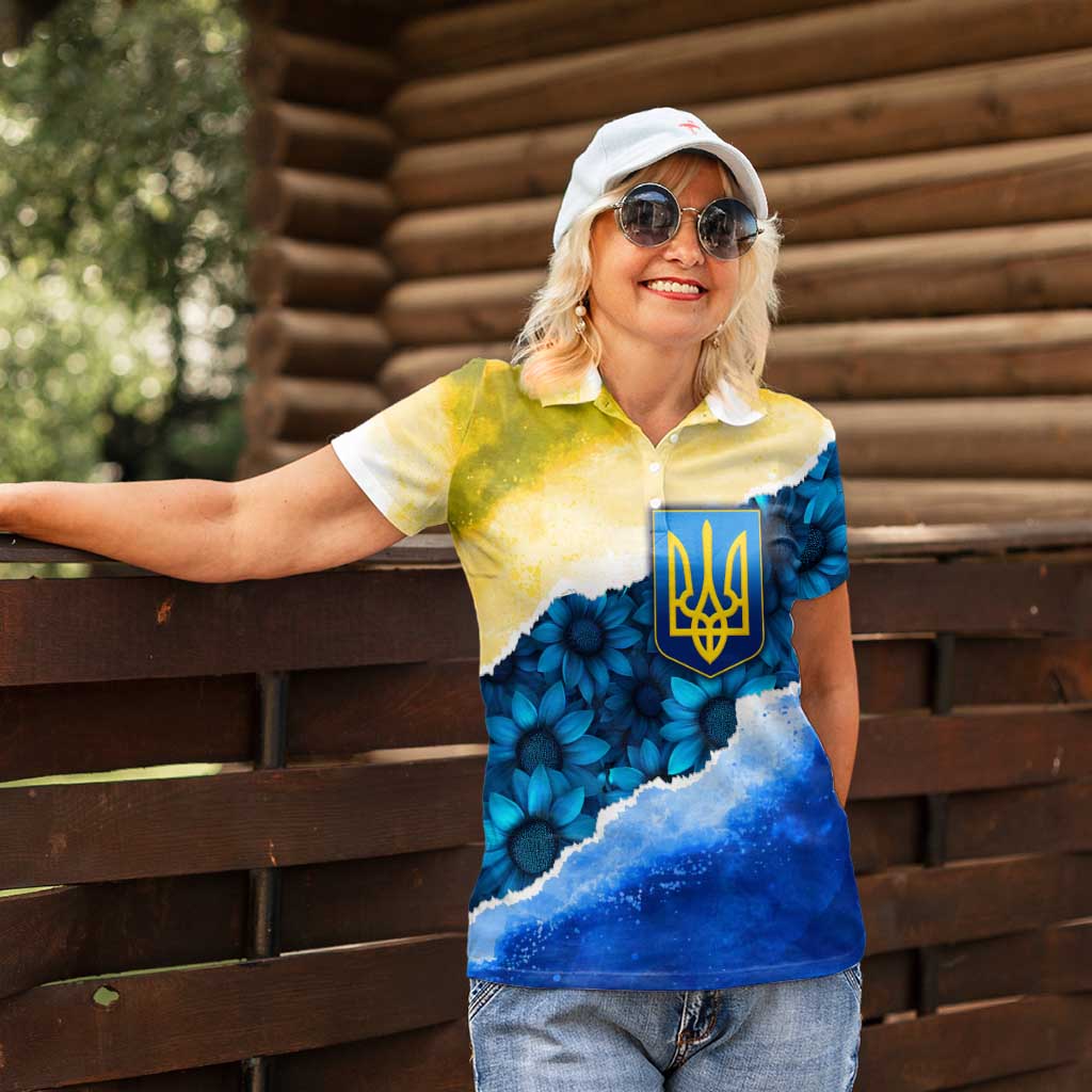 Trident Emblem Ukraine Women Polo Shirt with Blue Sunflowers and Flag Colors Design