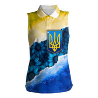 Trident Emblem Ukraine Women Sleeveless Polo Shirt with Blue Sunflowers and Flag Colors Design