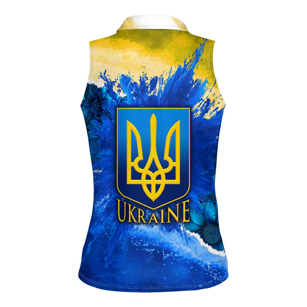 Trident Emblem Ukraine Women Sleeveless Polo Shirt with Blue Sunflowers and Flag Colors Design