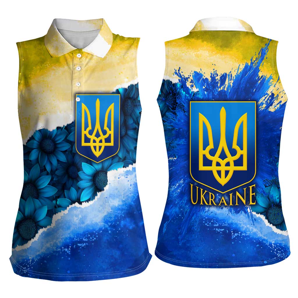 Trident Emblem Ukraine Women Sleeveless Polo Shirt with Blue Sunflowers and Flag Colors Design