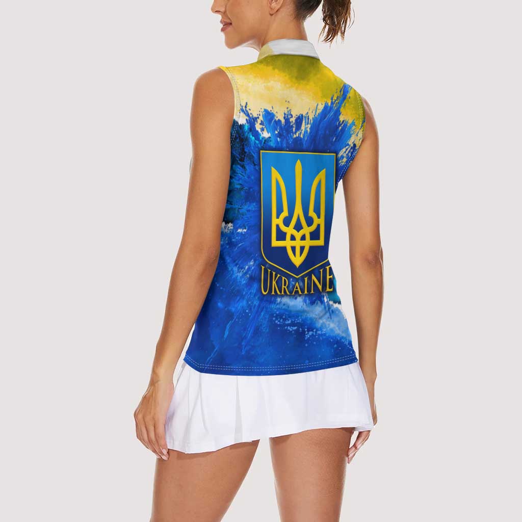 Trident Emblem Ukraine Women Sleeveless Polo Shirt with Blue Sunflowers and Flag Colors Design