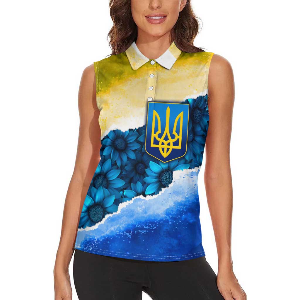 Trident Emblem Ukraine Women Sleeveless Polo Shirt with Blue Sunflowers and Flag Colors Design