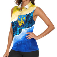 Trident Emblem Ukraine Women Sleeveless Polo Shirt with Blue Sunflowers and Flag Colors Design