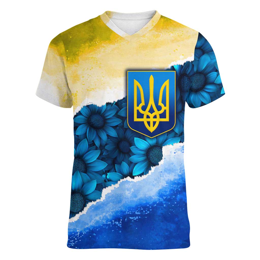 Trident Emblem Ukraine Women V-Neck T-Shirt with Blue Sunflowers and Flag Colors Design