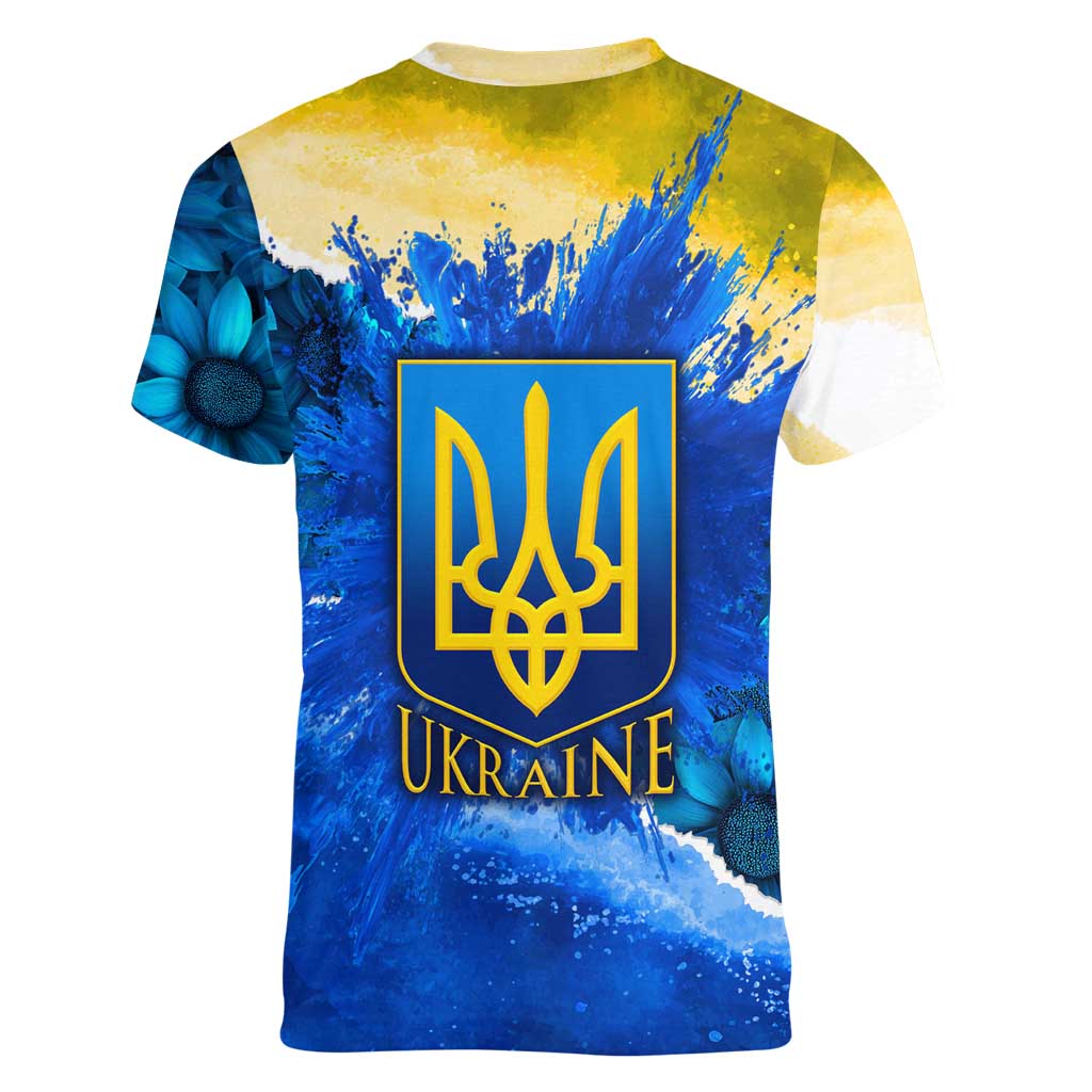 Trident Emblem Ukraine Women V-Neck T-Shirt with Blue Sunflowers and Flag Colors Design