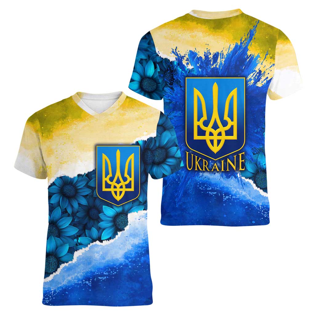Trident Emblem Ukraine Women V-Neck T-Shirt with Blue Sunflowers and Flag Colors Design