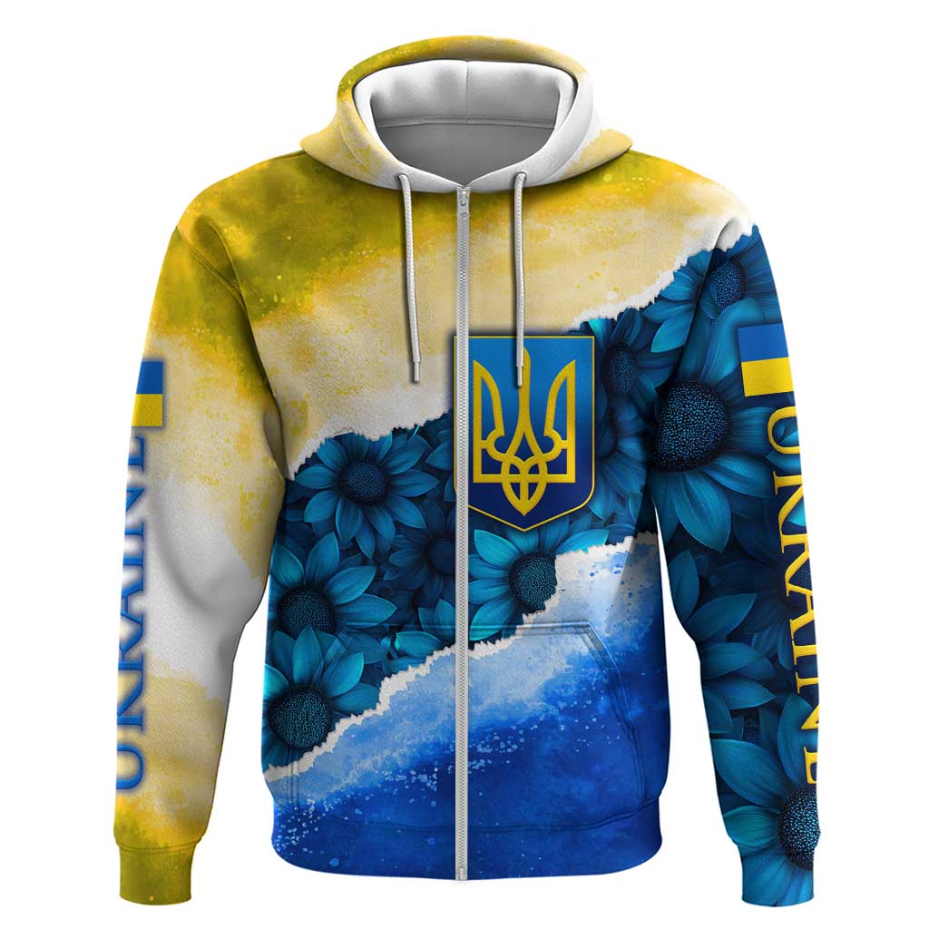 Trident Emblem Ukraine Zip Hoodie with Blue Sunflowers and Flag Colors Design