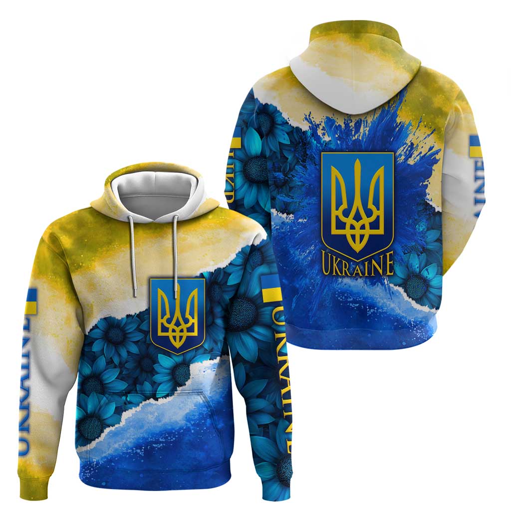 Trident Emblem Ukraine Zip Hoodie with Blue Sunflowers and Flag Colors Design