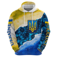 Trident Emblem Ukraine Zip Hoodie with Blue Sunflowers and Flag Colors Design