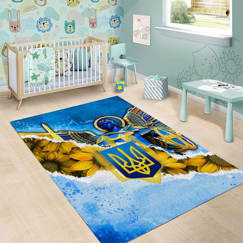 Ukraine Archangel Michael Area Rug with Trident Emblem and Sunflowers Design