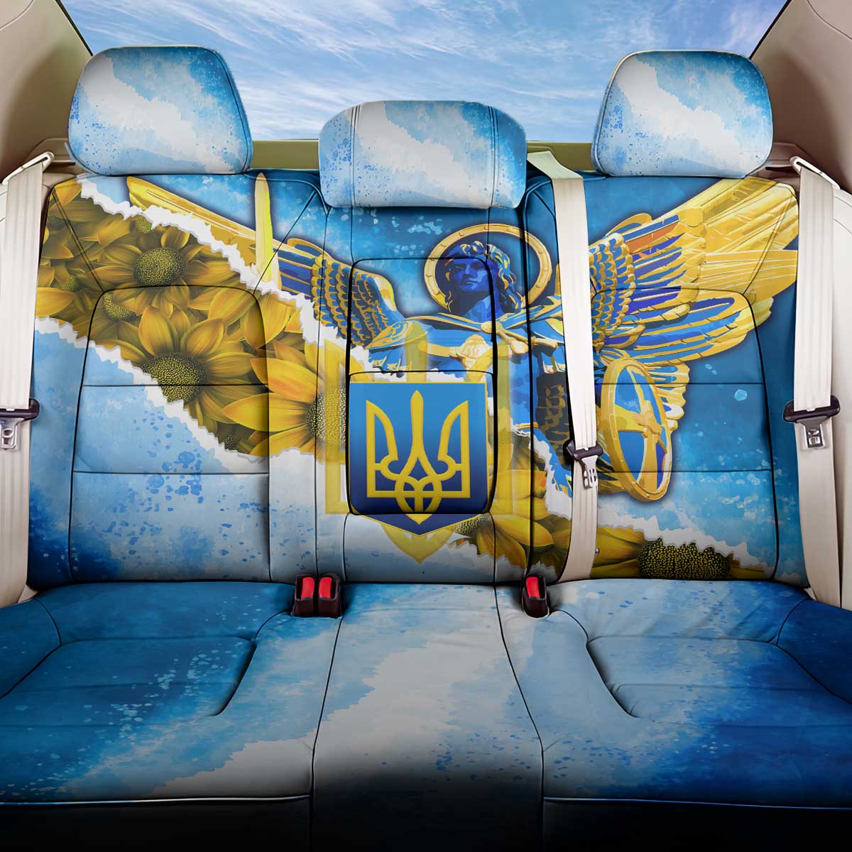 Ukraine Archangel Michael Back Car Seat Cover with Trident Emblem and Sunflowers Design