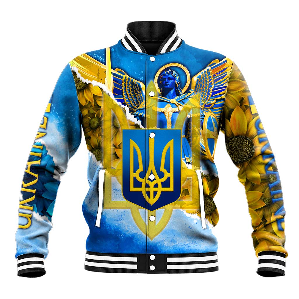 Ukraine Archangel Michael Baseball Jacket with Trident Emblem and Sunflowers Design