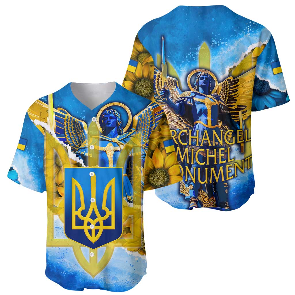 Ukraine Archangel Michael Baseball Jersey with Trident Emblem and Sunflowers Design
