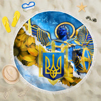Ukraine Archangel Michael Beach Blanket with Trident Emblem and Sunflowers Design