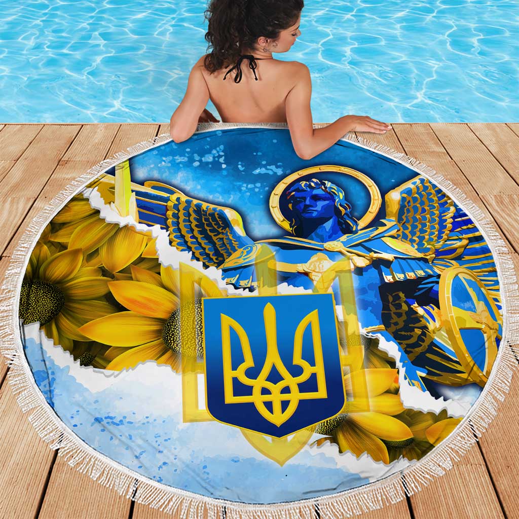 Ukraine Archangel Michael Beach Blanket with Trident Emblem and Sunflowers Design